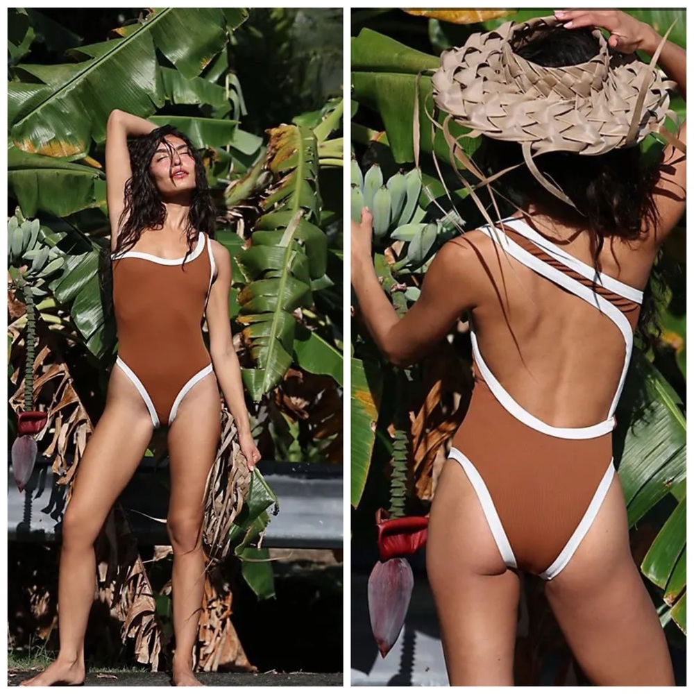 KYA Swim Kelea Asymmetrical One Piece Reversible Tuscan Combo Brown Blue Small